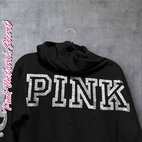 Preowned RARE PINK Victoria’s Secret Sequin Logo Hoodie - Black - Size XS - Picture 7 of 7